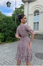 Celeste – Brown Floral Wrap Midi Dress in Matte Silk - Image 3