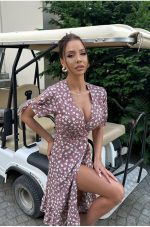 Celeste – Brown Floral Wrap Midi Dress in Matte Silk