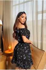 Elena – Black Off-Shoulder Floral Mini Dress with Matching Headband - Image 5