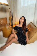 Elena – Black Off-Shoulder Floral Mini Dress with Matching Headband - Image 3