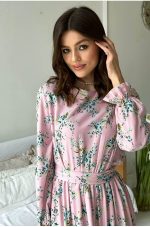 Adele – Pink Floral Long Sleeve Midi Dress in Matte Silk - Image 2