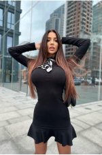 Isla – Black Ribbed Mini Dress with Ruffle Hem - Image 4