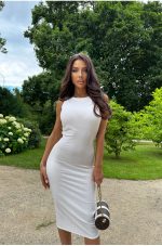 Mia Ribbed Knit Midi Dress – White