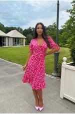 Celeste – Pink Floral Wrap Midi Dress in Matte Silk